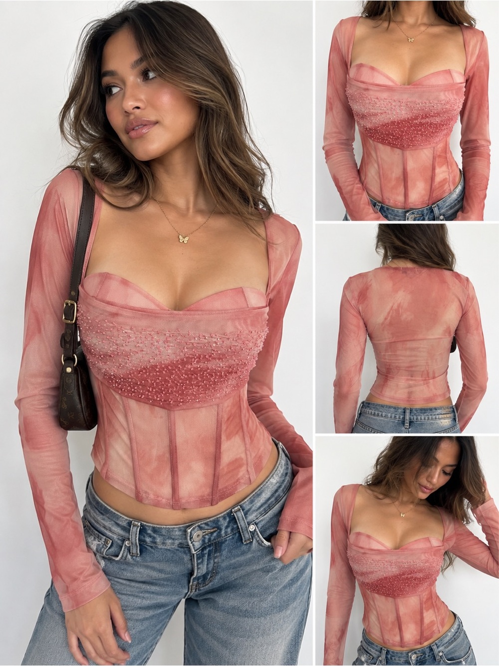 Coquette Fairy Sheer Rose Mesh Corset Top with Beaded Bust